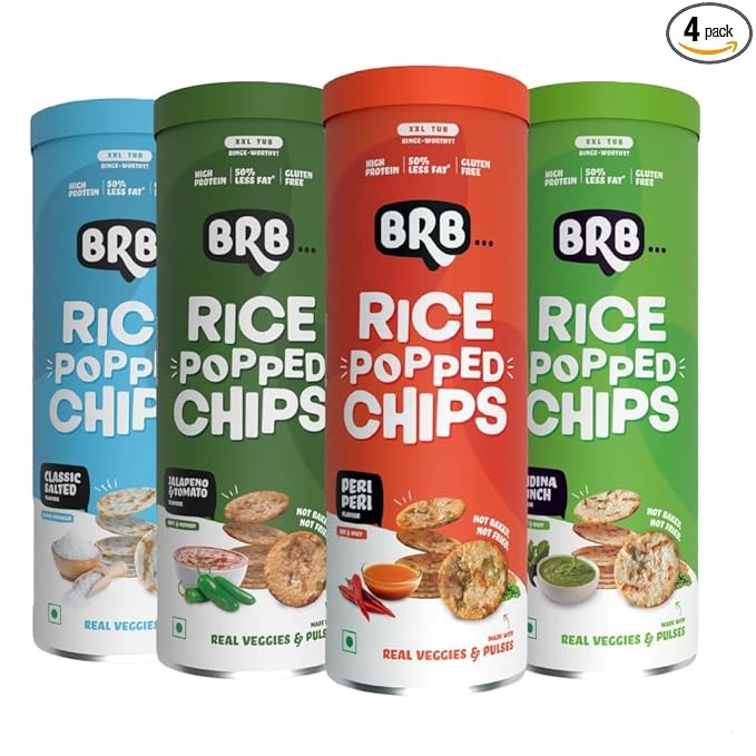 BRB Rice Popped Chips | Not Baked, Not Fried | 4 Tubs X 85 Grams | 4 Flavours | High Protein | High Fiber | Gluten-Free | Low Fat