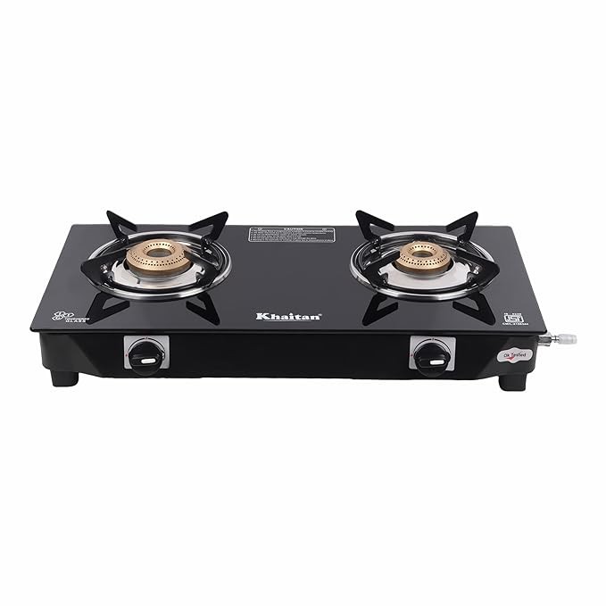 Khaitan 2 Burner Nano Black Toughened Glass | LPG Cooktop I Manual Ignition Stove| Ergonomic Knob | with 1 Year Warranty | Pan India Service | LP Gas Stove | ISI Approved (Black) (2 Burner)