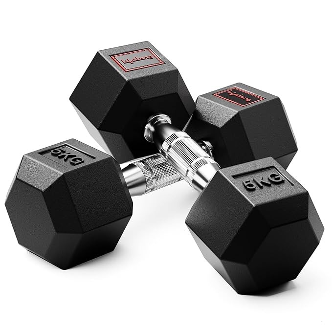 Lifelong Rubber Dumbbells Set of 2 (5Kg*2) for Home Gym - Dumbbell Set of 2 with Rubber Coating - Hexa Dumbbell Set for Men & Women - Home Gym Exercise Equipment - Dumbbell Weights (Black)